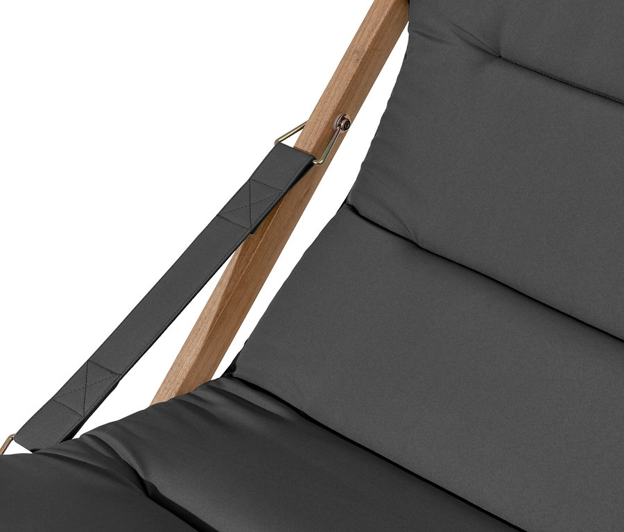 Zbliżenie na antracytowy składany fotel relaksacyjny.