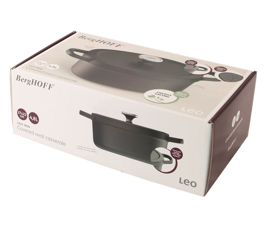 Opakowanie żeliwnego owalnego naczynia do zapiekania Berghoff Leo 27x22 cm o pojemności 4,8 l.