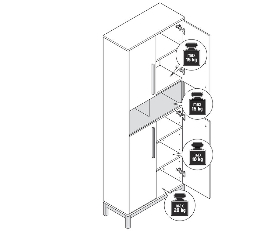 Rysunek wysokiej szafki łazienkowej »Eklund« z otwartymi drzwiami i półkami. Podana jest maksymalna nośność półek.