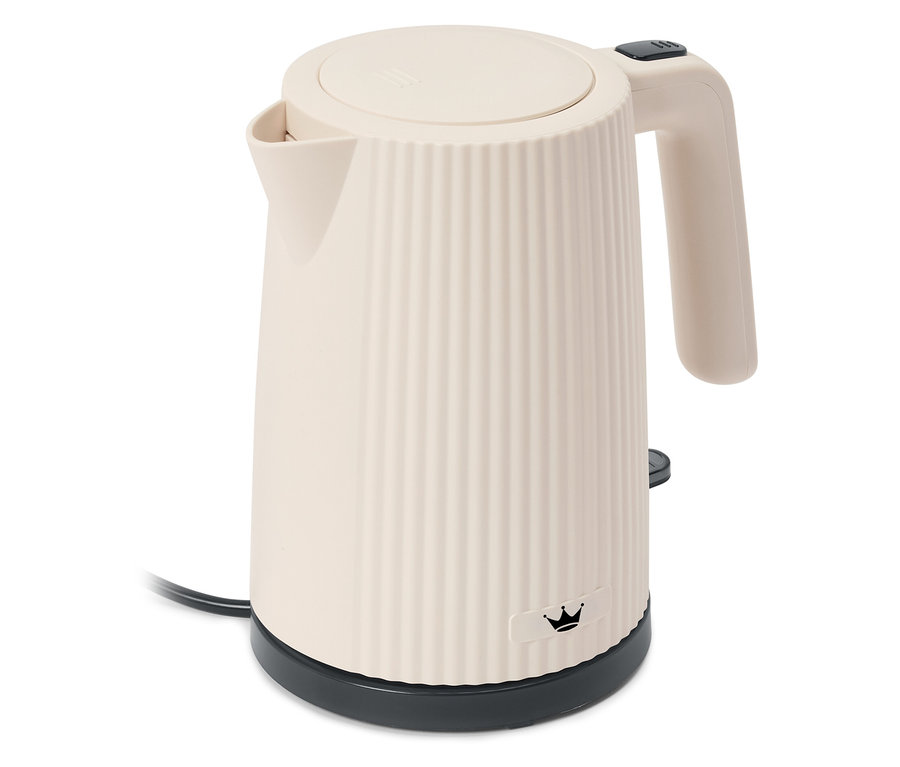 Kremowy czajnik elektryczny z pionowymi żebrowaniami na korpusie i czarną podstawą.