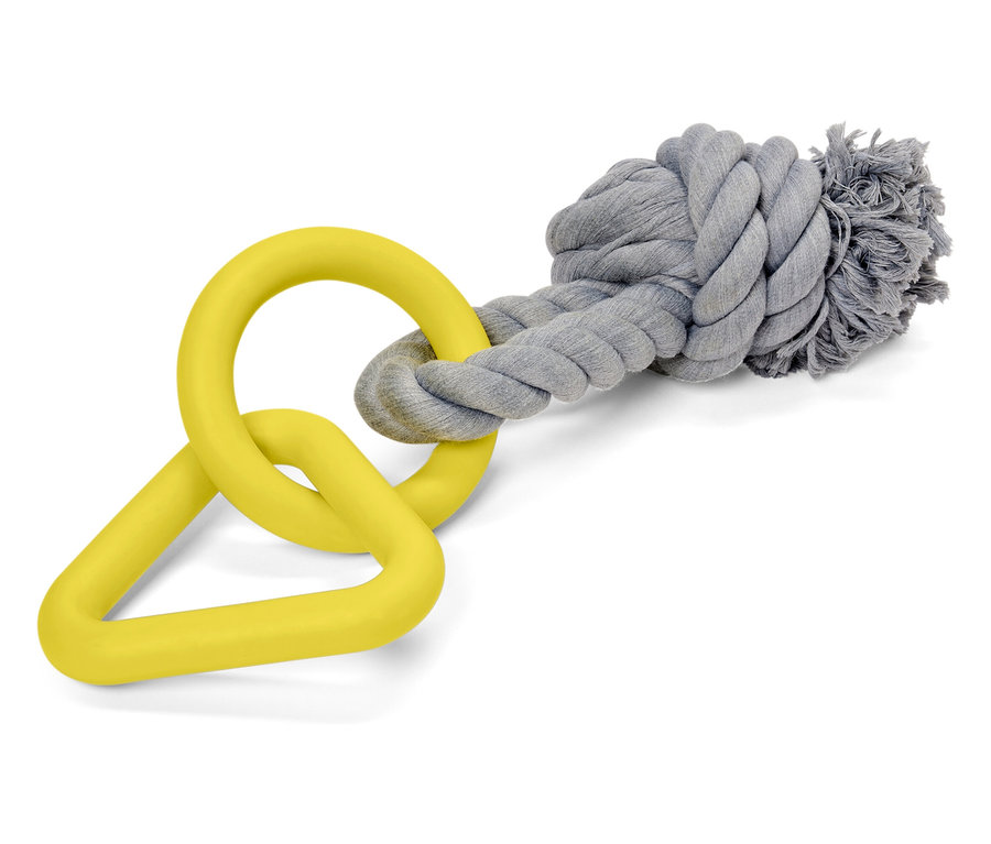 Żółto-szara zabawka dla psa z gumowymi pierścieniami i węzłem z liny.