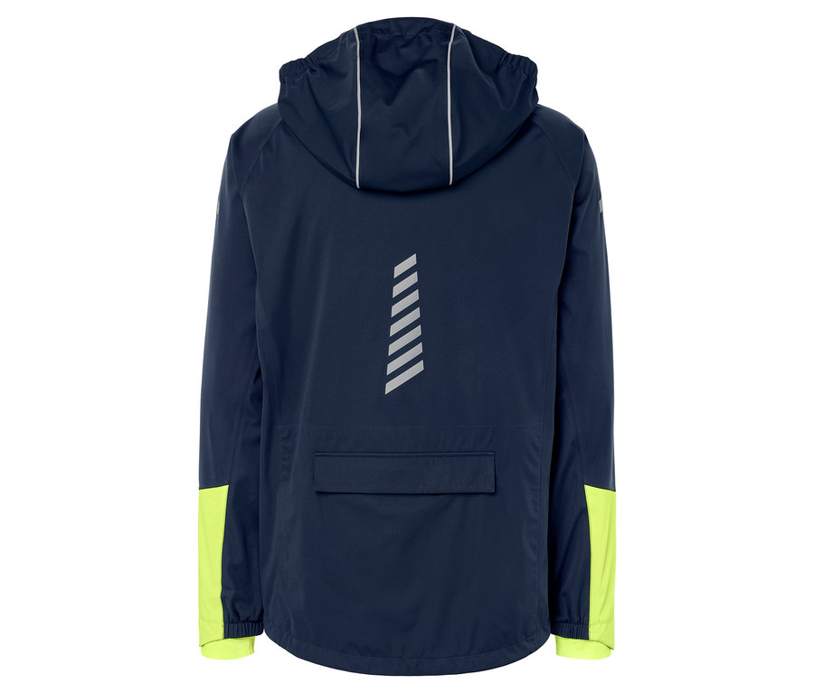 Szczegółowy widok z tyłu granatowej kurtki przeciwdeszczowej na rower z kapturem i żółtymi rękawami.