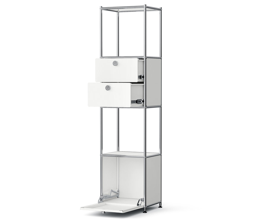 Biały modułowy system przechowywania z dwiema szufladami i otwieranymi drzwiczkami.