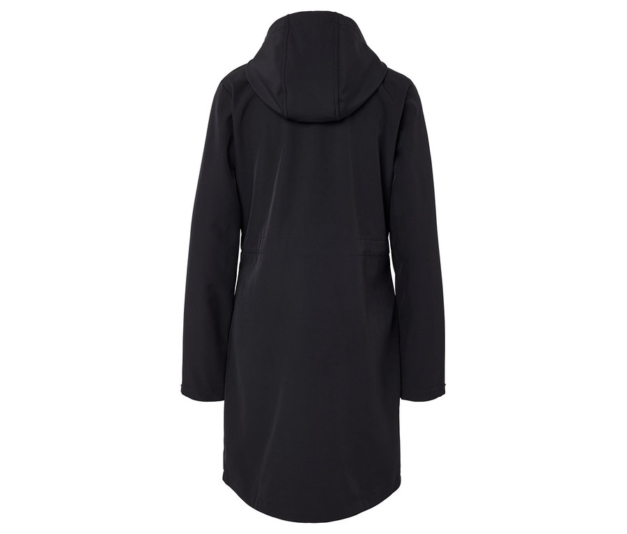 Czarny płaszcz z kapturem, widok z tyłu.