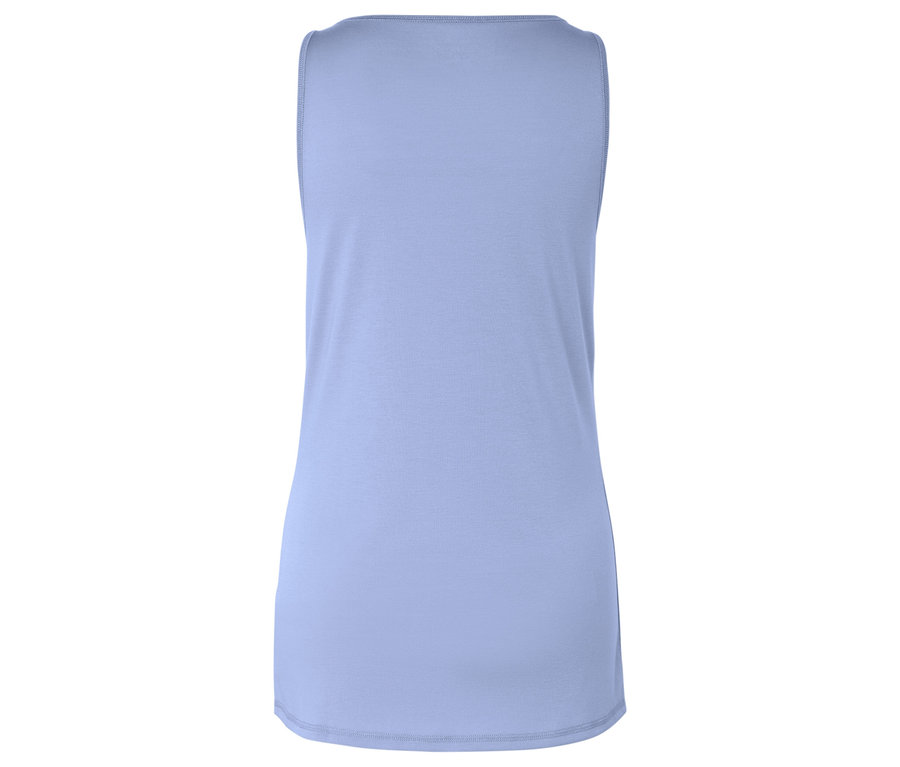 Widok z tyłu jasnoniebieskiego topu bez rękawów.