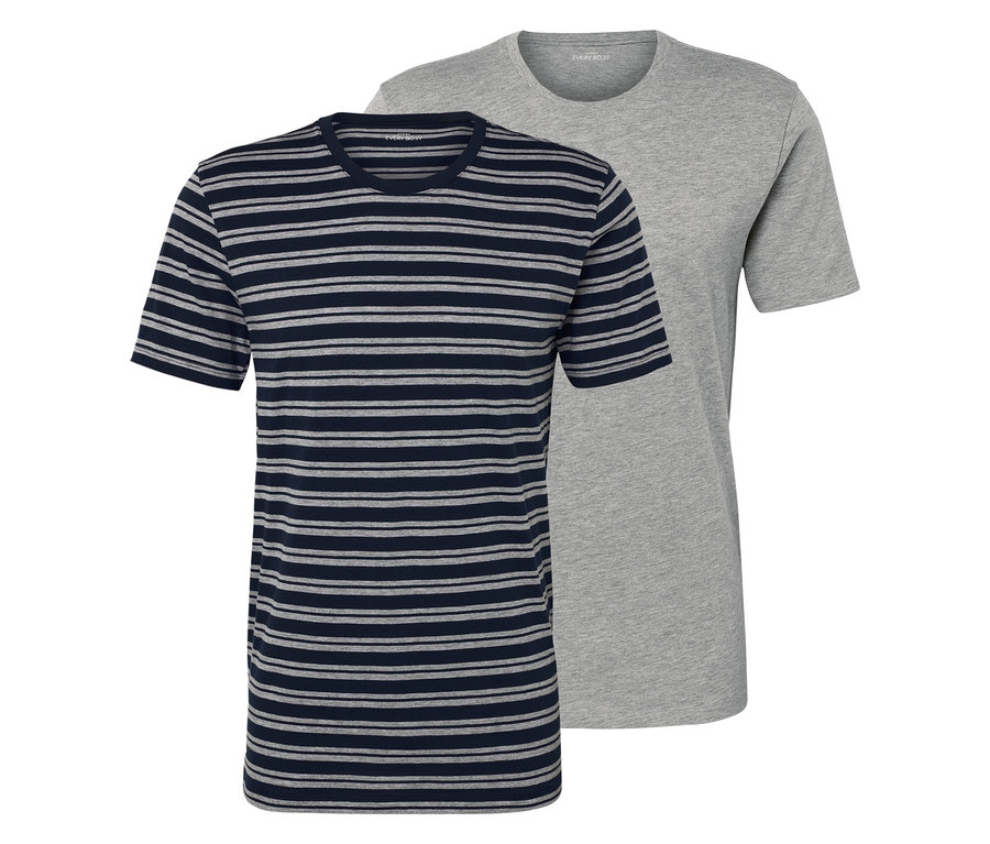 Dwie koszulki: jedna w niebiesko-szare paski, a druga szara.