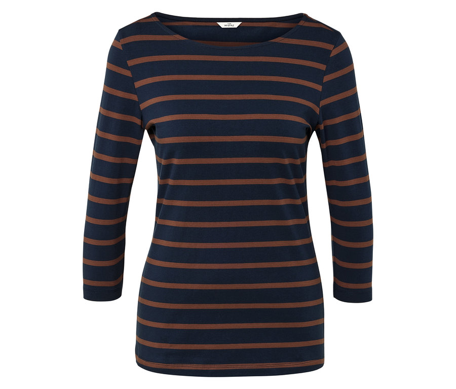 Pasiasta koszulka z długim rękawem w kolorze granatowym i brązowym.