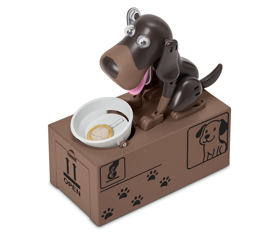 Brązowa mechaniczna zabawka dla psa oszczędza monety w misce.