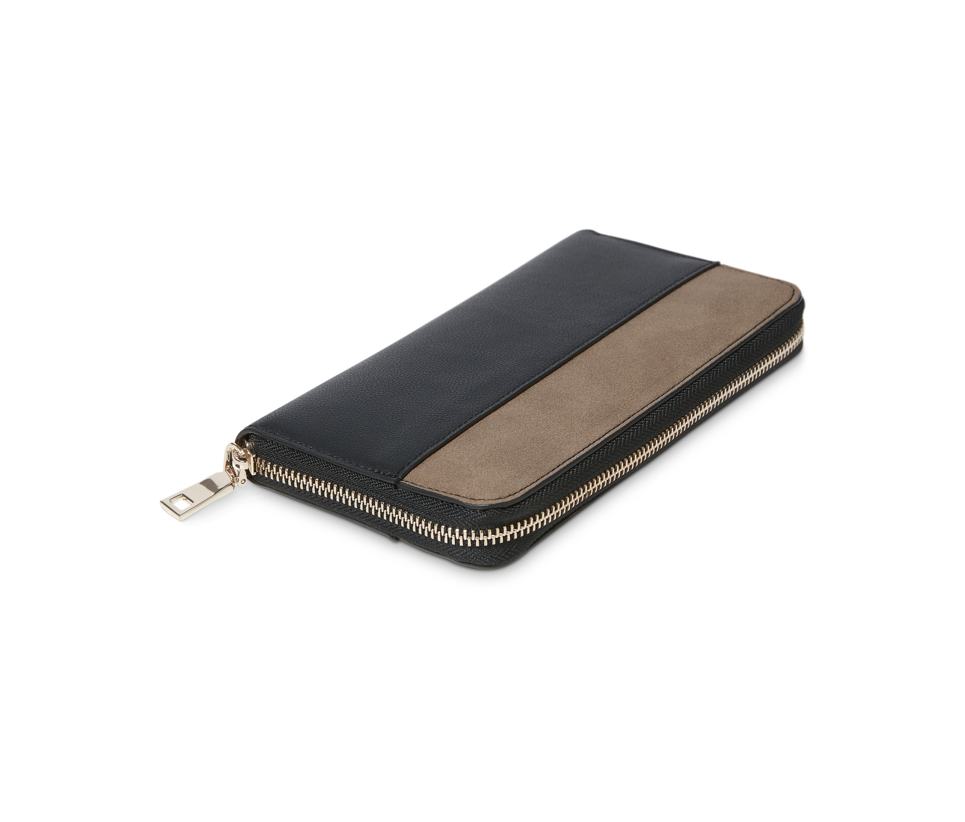 Czarno-brązowy portfel zapinany na zamek błyskawiczny.