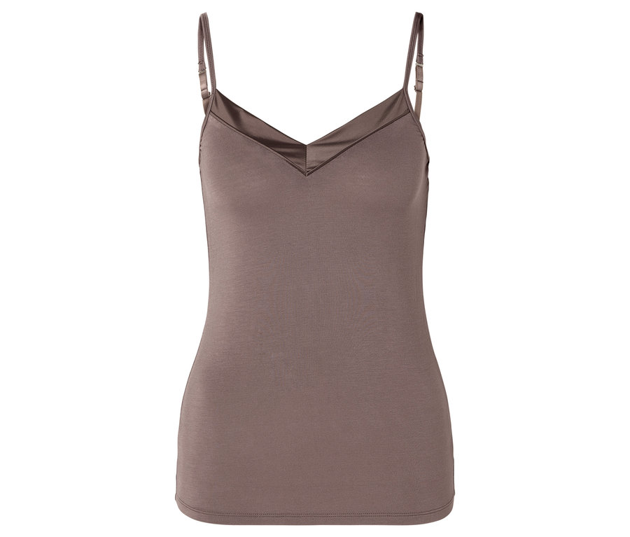 Brązowy top na ramiączkach spaghetti z dekoltem w serek.