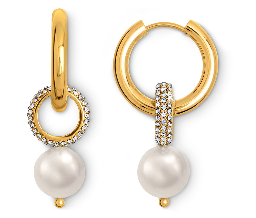 Dwa złote kolczyki koła, jeden z okrągłym elementem ozdobionym kryształkami i perłą, drugi z walcem ozdobionym kryształkami i perłą.