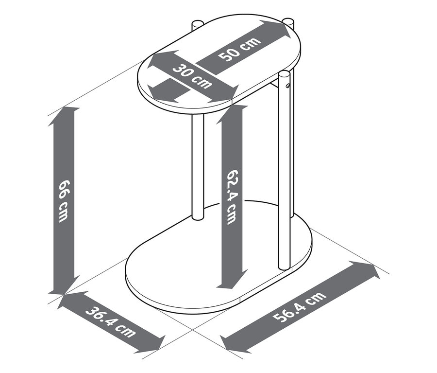 Diagram przedstawiający wymiary owalnego stolika. Wymiary blatu to 50 cm i 30 cm. Wysokość stolika wynosi 66 cm. Podstawa ma wymiary 36,4 cm i 56,4 cm.