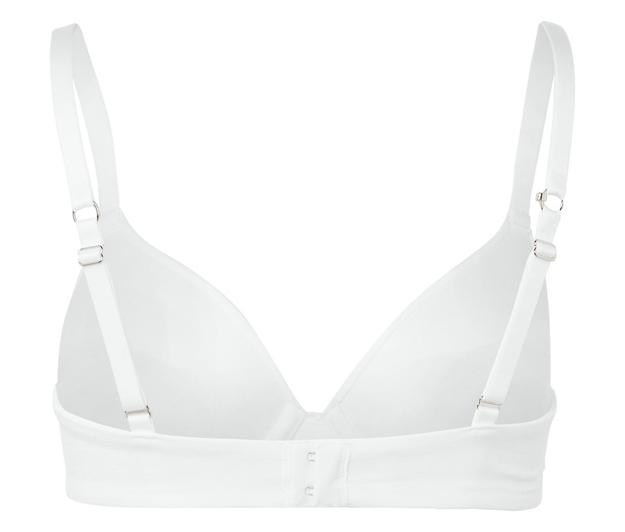 Widok z tyłu białego biustonosza z regulowanymi ramiączkami.