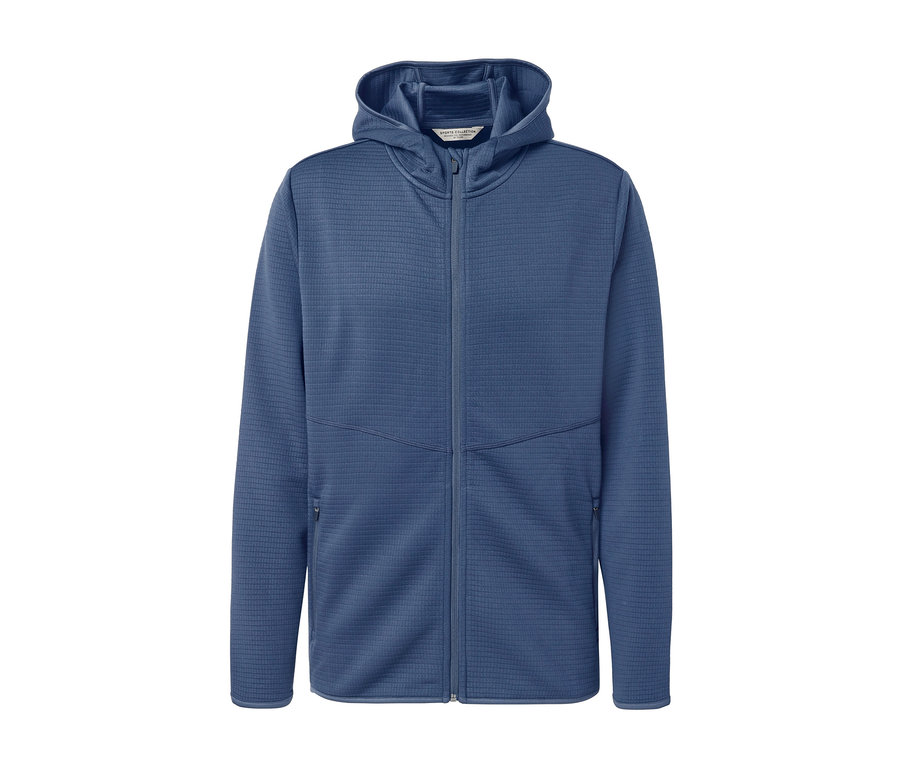 Niebieska bluza funkcyjna z kapturem i zamkiem błyskawicznym.