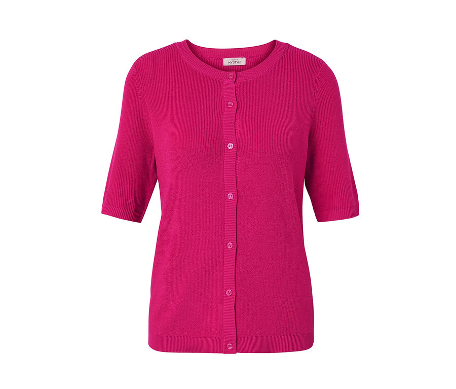 Różowy, cienki kardigan z zawartością lnu, z krótkimi rękawami i guzikami.