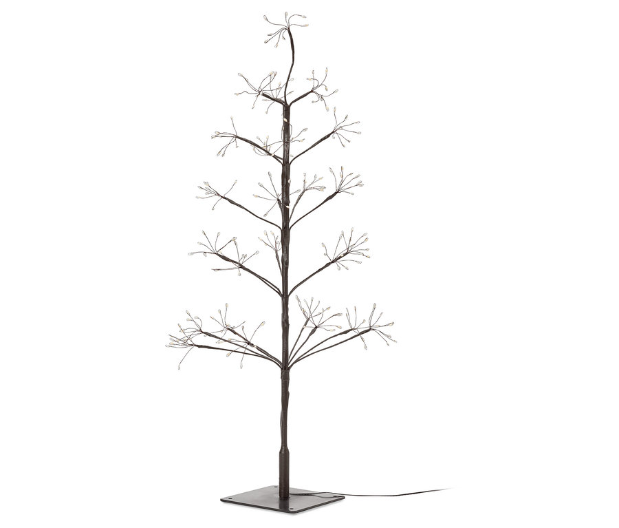 Dekoracyjne drzewo z brązowym pniem i gałęziami z małymi światełkami na końcach, stojące na kwadratowej podstawie.
