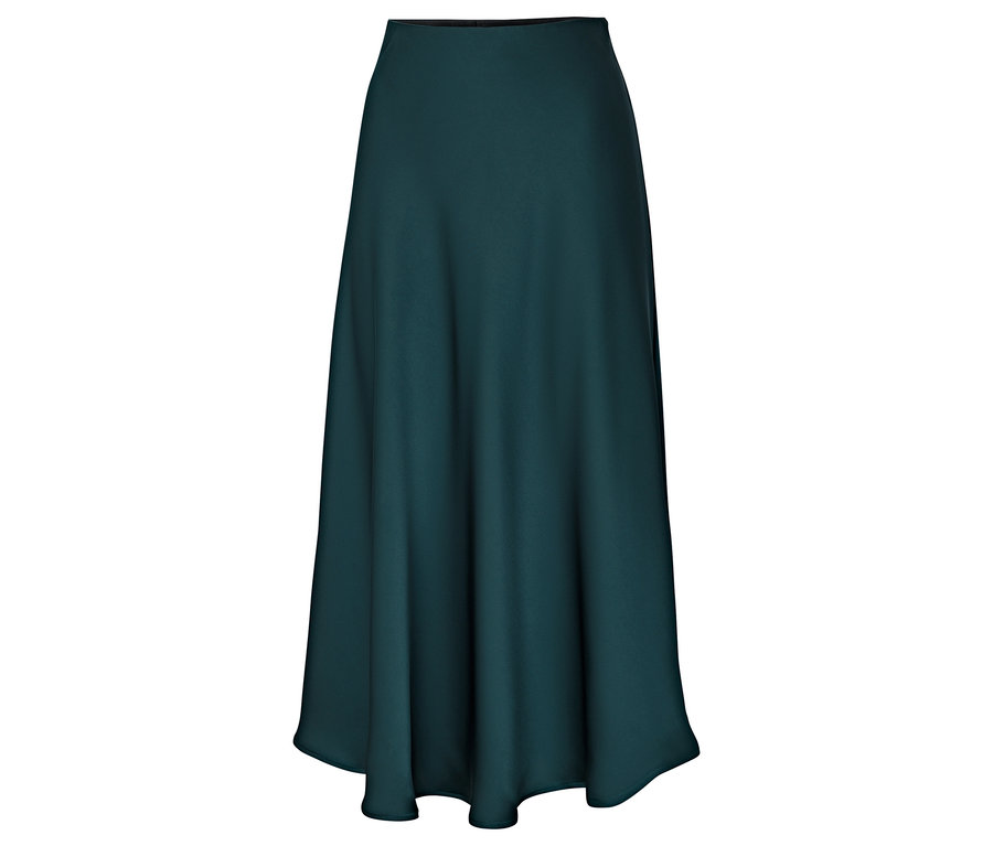 Na zdjęciu długa, lejąca się spódnica w ciemnozielonym odcieniu.