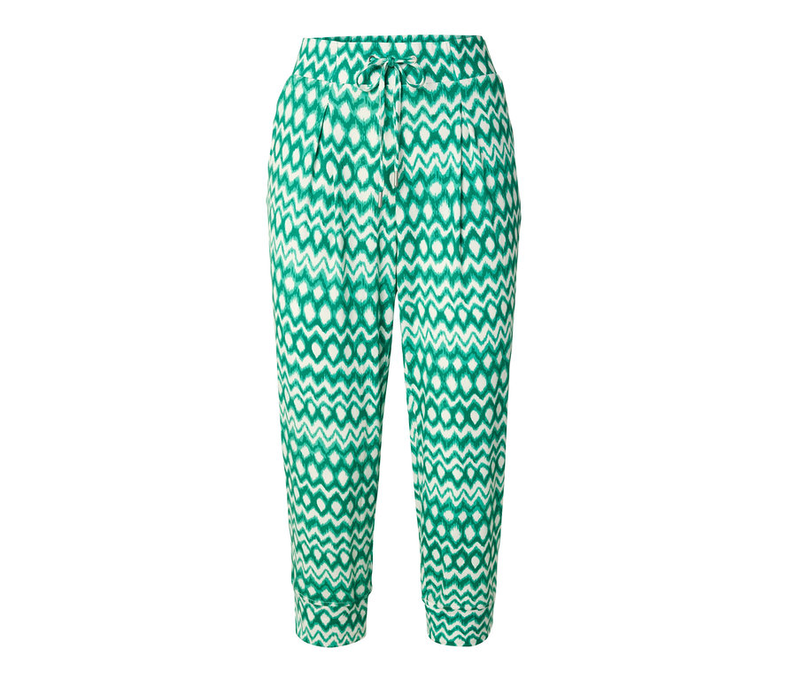 Wzorzyste spodnie dżersejowe o długości 3/4.