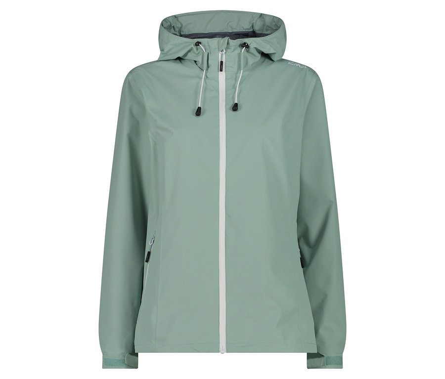 Jasnozielona kurtka przeciwdeszczowa z kapturem i białym zamkiem błyskawicznym.