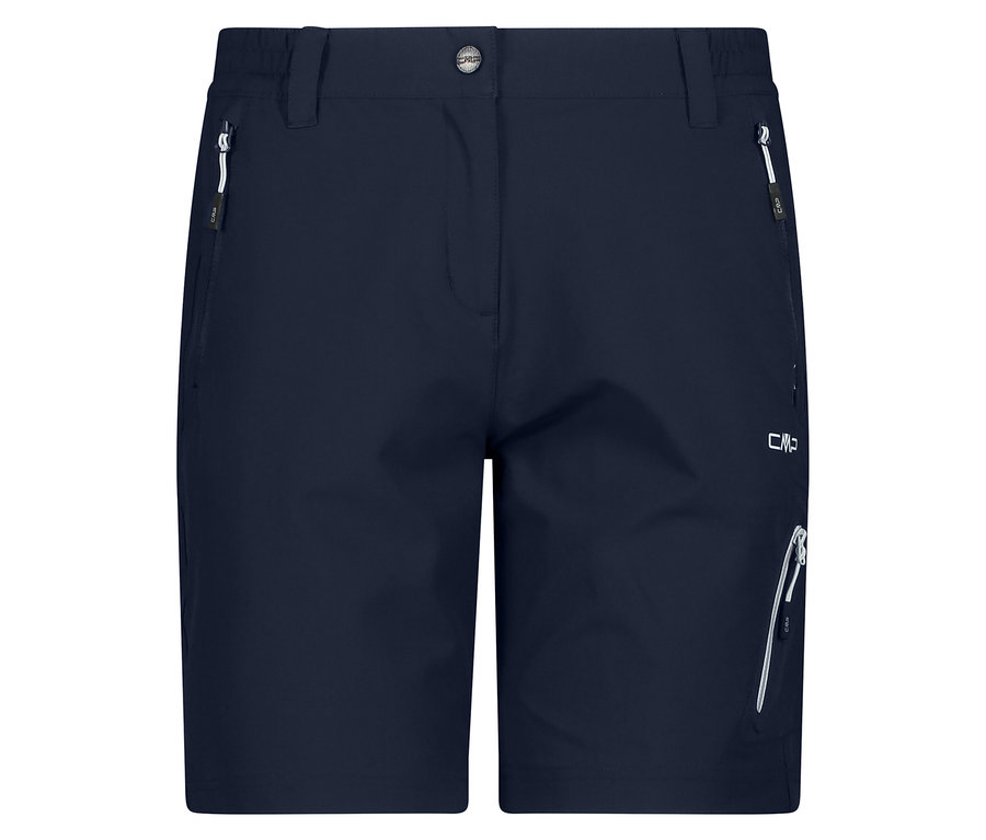 Zbliżenie granatowych szortów CMP Damen-4-Wege-Stretch-Bermuda-Shorts z kieszeniami.