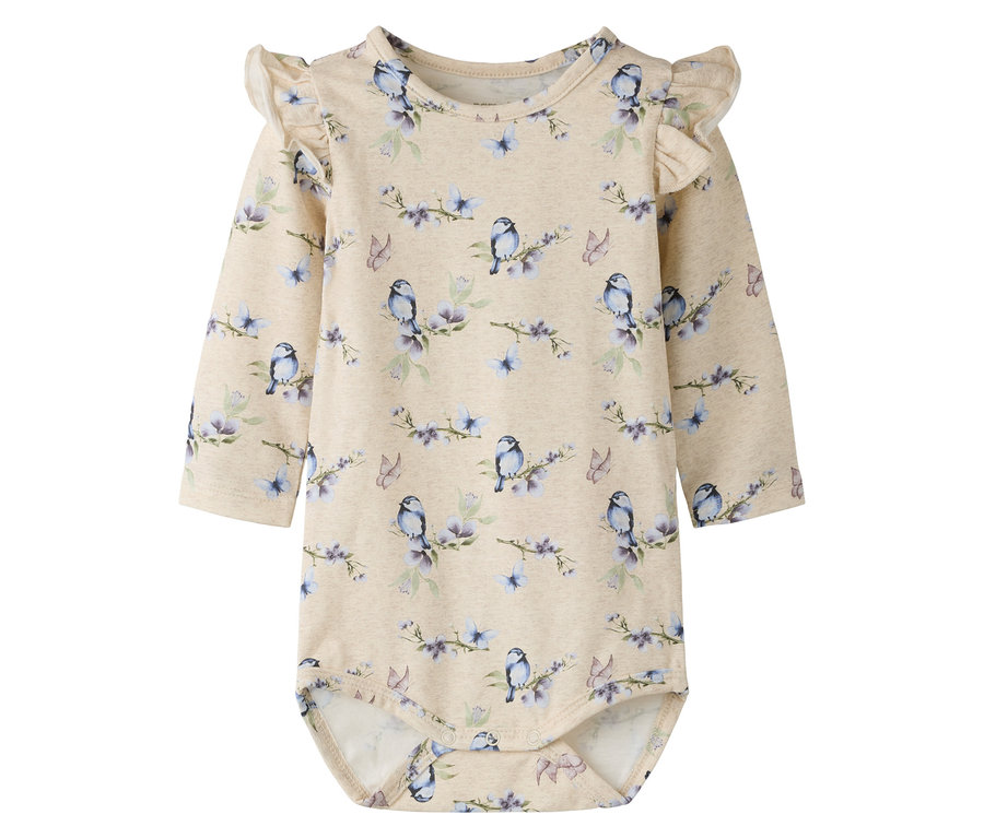 Beżowe body z długim rękawem NAME IT w ptaki, motyle i kwiaty.