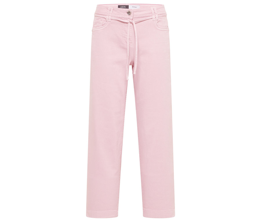 Jasnoróżowe dżinsy CECIL „Neele” leżą na białym tle. Mają sznurek.
