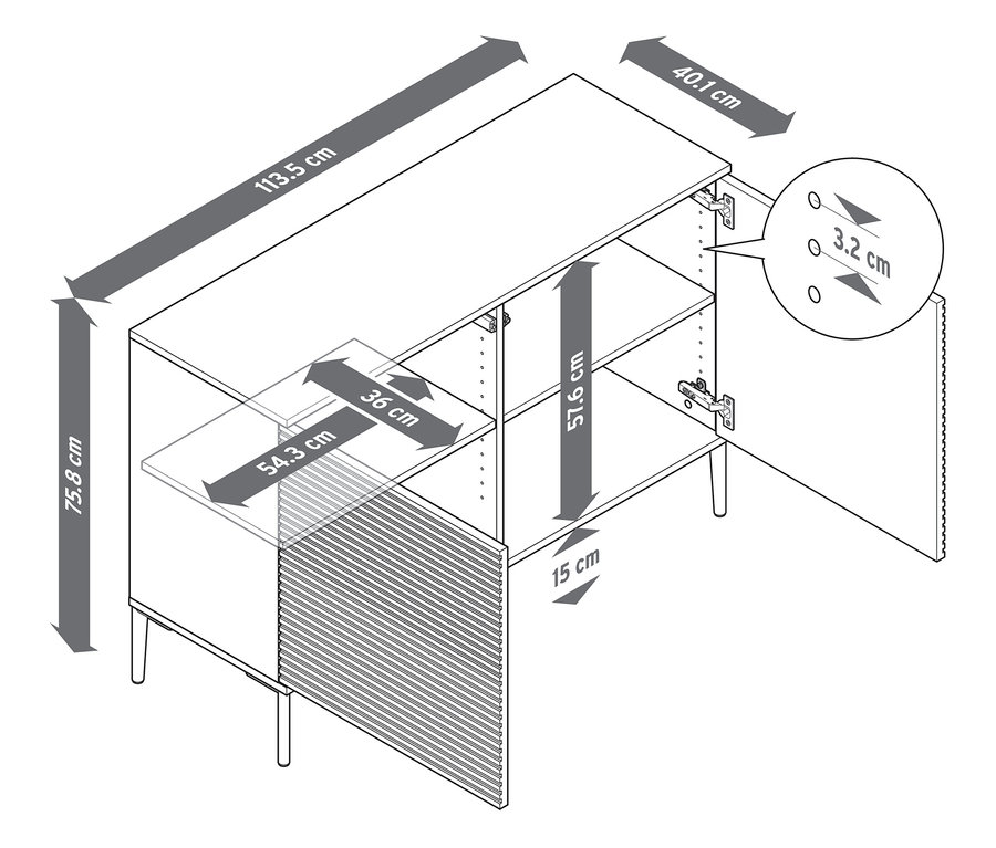 Widok z góry szafki typu sideboard „REET” z lamelkami i wymiarami.