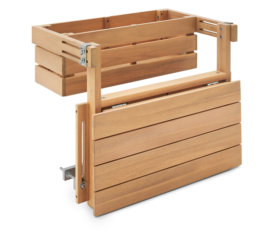 Drewniana konstrukcja z półką i składanym blatem stołu na białym tle.