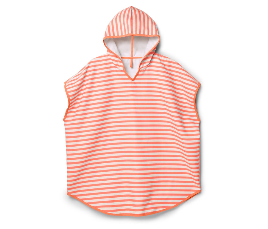 Ponczo z kapturem w koralowe i białe paski.