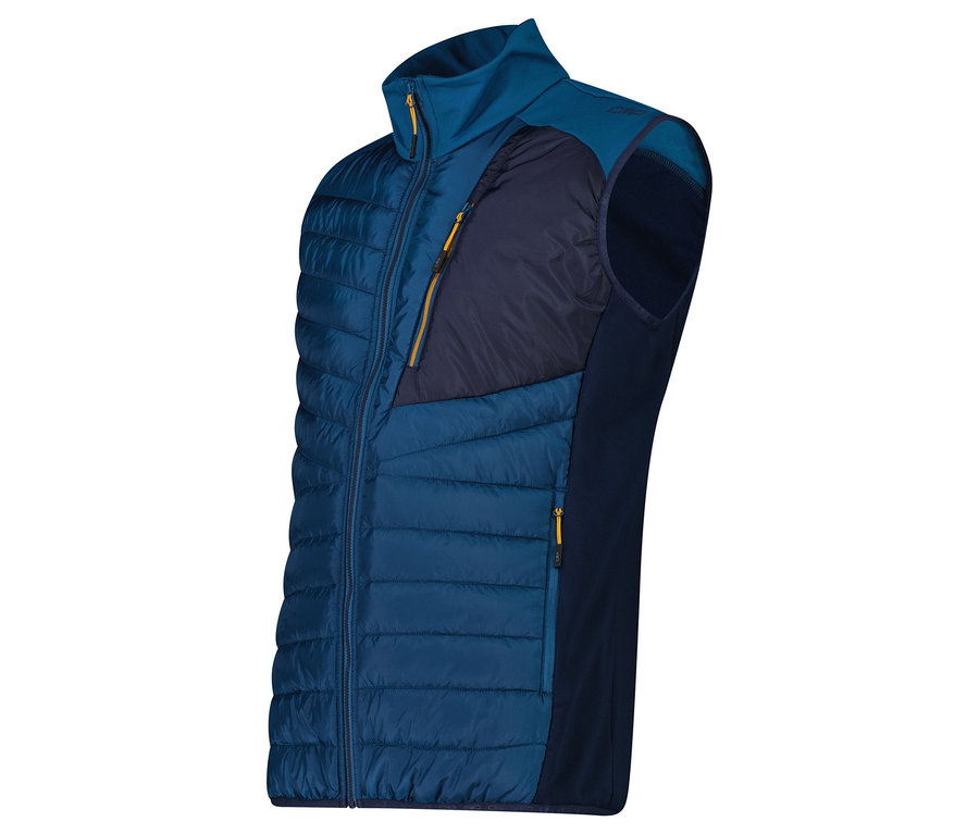 Granatowa kamizelka pikowana z granatowymi wstawkami z polaru po bokach i żółtymi zamkami błyskawicznymi.