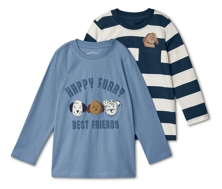 Dwa dziecięce T-shirty z długim rękawem: niebieski z motywami psów i pasiasty z psem w kieszeni.