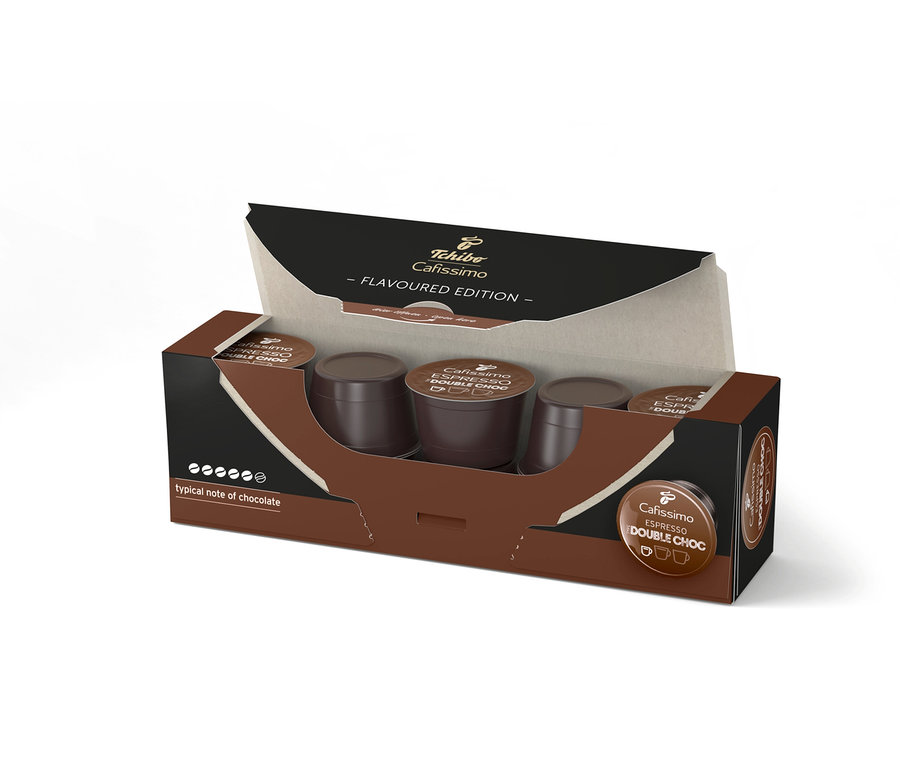 Otwarte opakowanie kapsułek Cafissimo Flavoured Espresso – Double Choc, z kapsułkami w środku.
