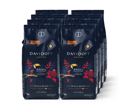 Zgrupowanie ośmiu opakowań kawy ziarnistej DAVIDOFF CAFÉ ORIGINS Brazil po 1000 g.