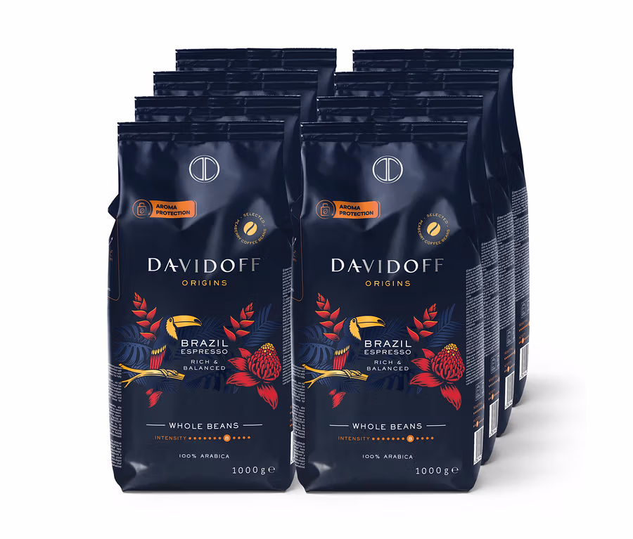 Zgrupowanie ośmiu opakowań kawy ziarnistej DAVIDOFF CAFÉ ORIGINS Brazil po 1000 g.