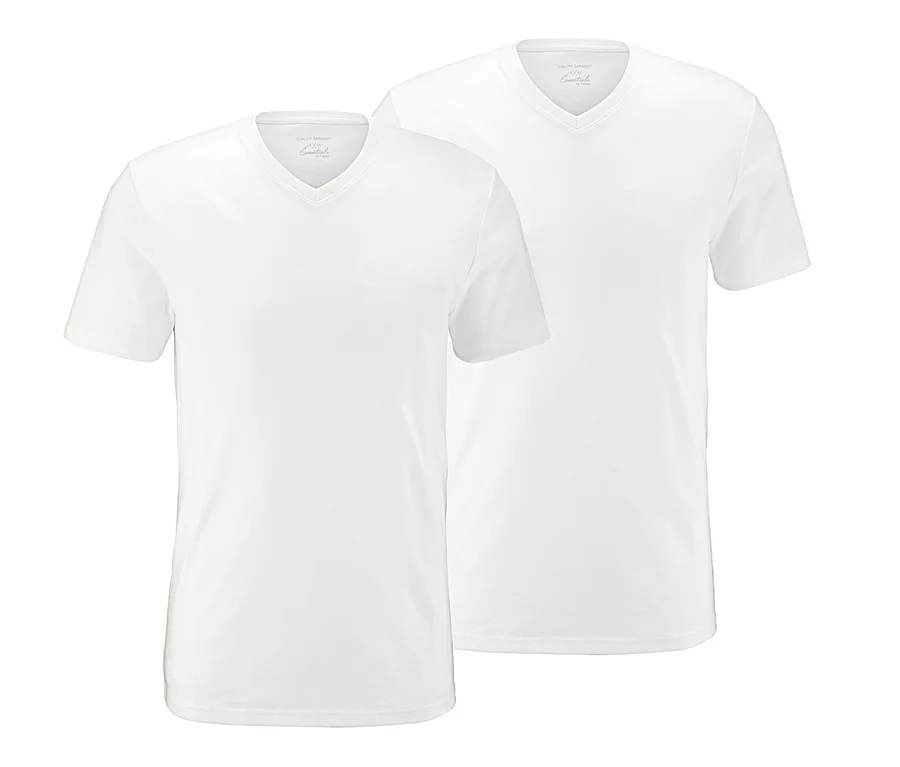 Dwa białe T-shirty z dekoltem w serek.