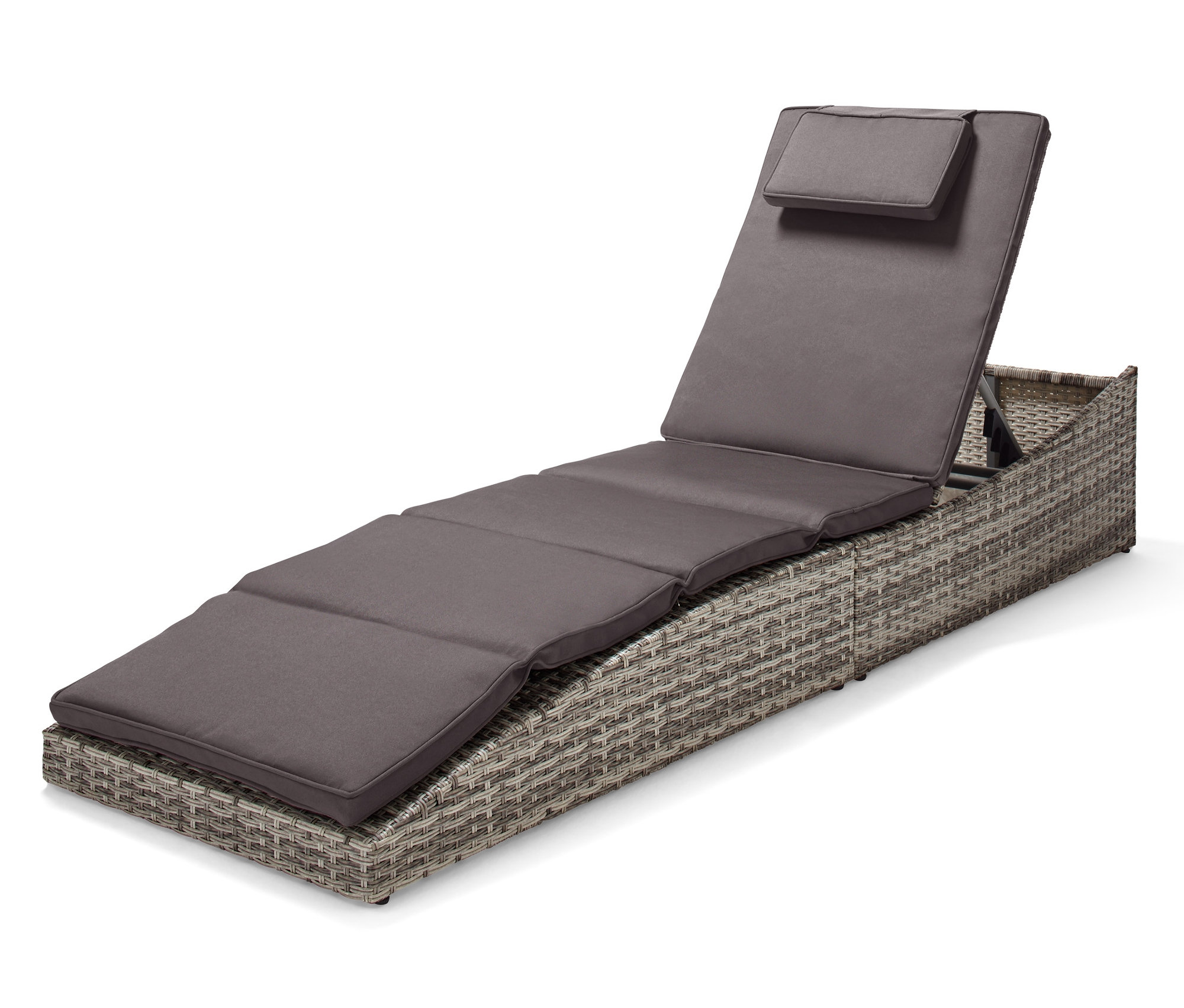 Składany leżak ogrodowy z polirattanu z szarą wyściółką.