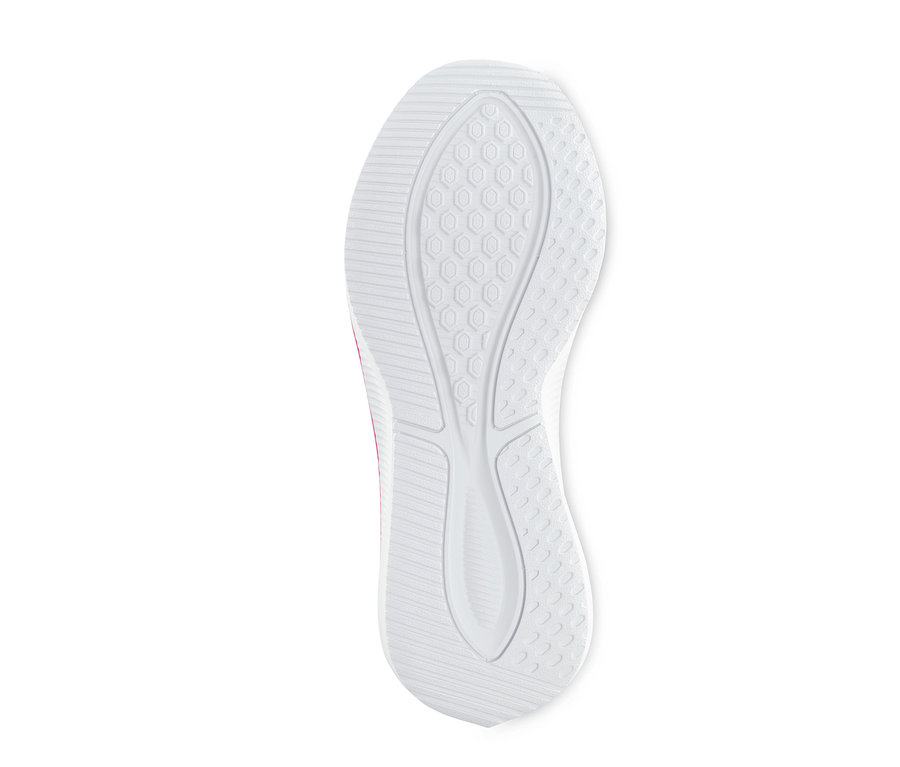 Podeszwa buta typu sneakers z białym geometrycznym wzorem.