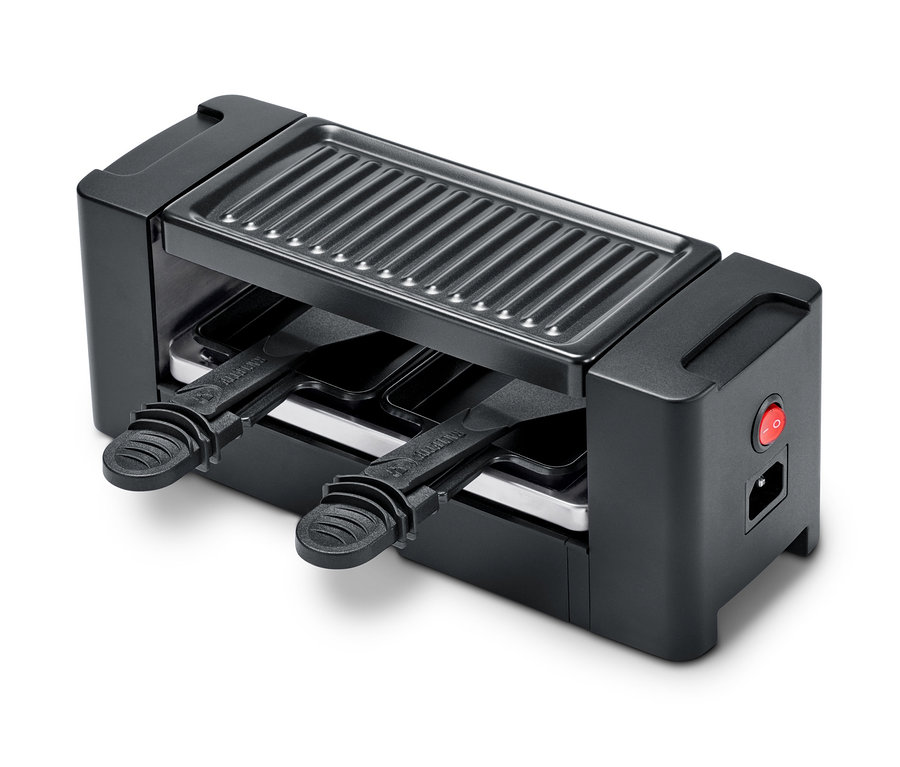 Szczegółowe ujęcie czarnego raclette dla dwóch osób.