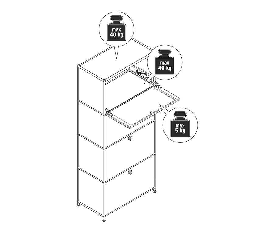 Schematyczny rysunek metalowej szafki typu highboard »CN3« z 4 komorami z klapami, z których jedna jest otwarta.