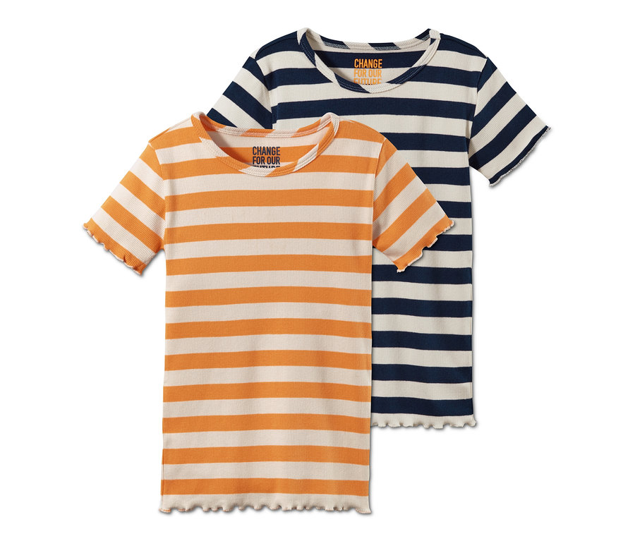 Dwie koszulki trykotowe w paski: pomarańczowo-biała i granatowo-biała.