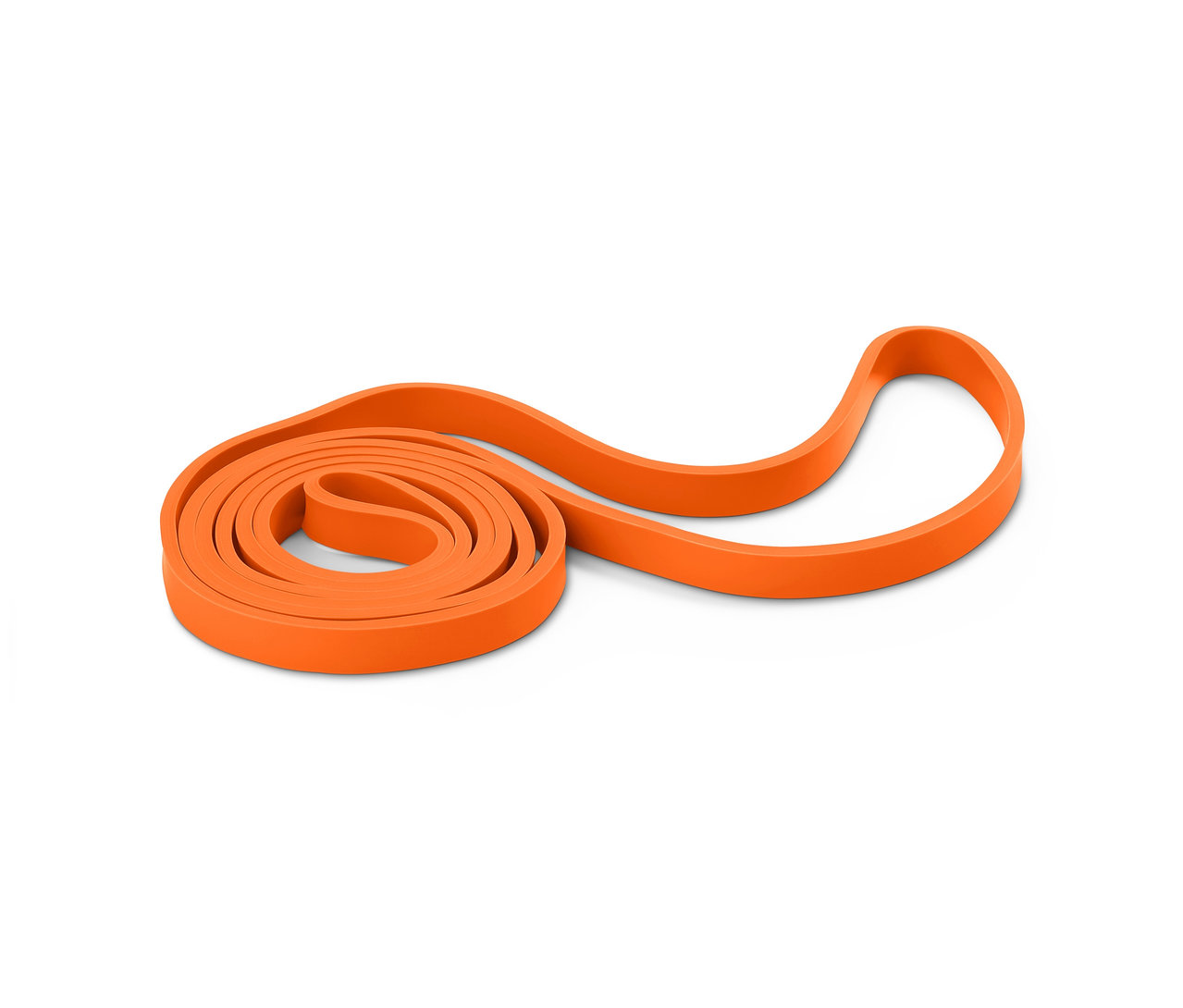 Pomarańczowa guma do treningu zwinięta na białym tle.