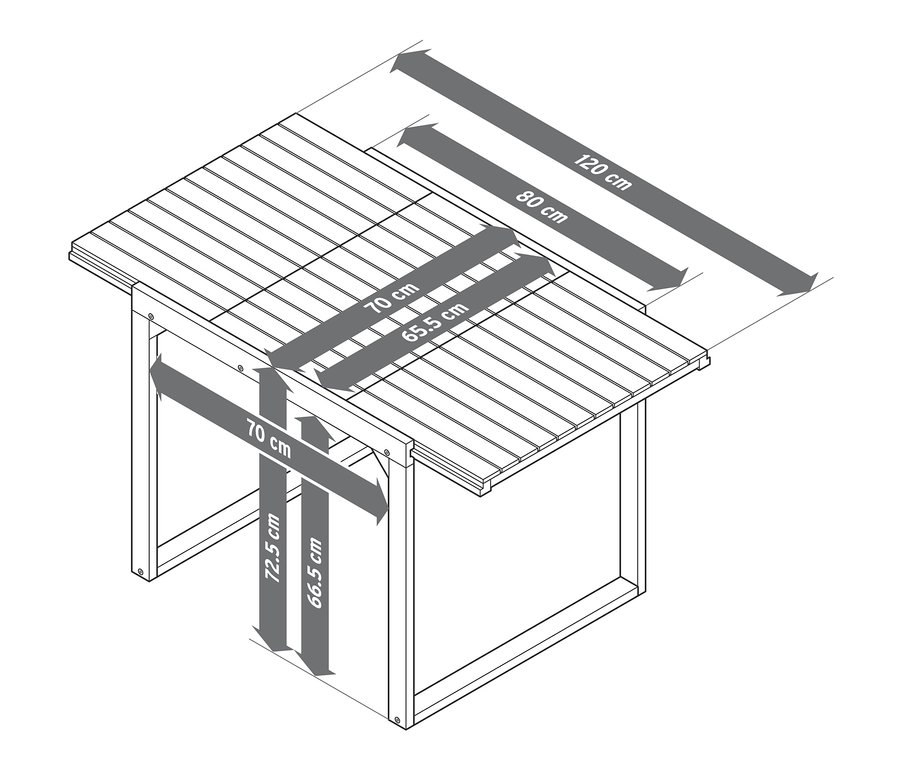 Wymiary stołu rozsuwanego »Leira« o kwadratowym kształcie i kompaktowych wymiarach.