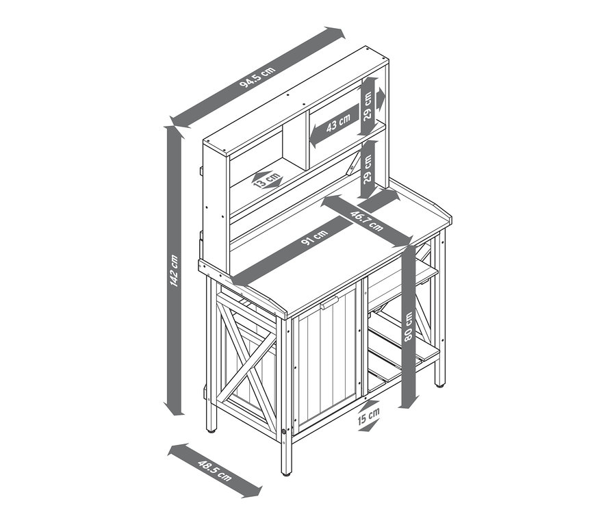 Schemat stołu roboczego »Jonte« z koszem na śmieci i półką, z zaznaczonymi wymiarami.