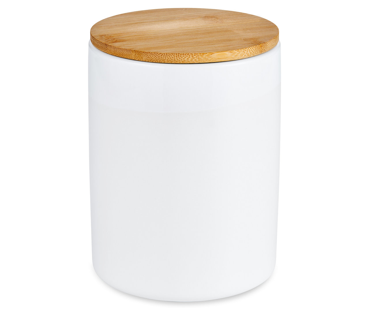 Biała, ceramiczna puszka na kawę z drewnianym wieczkiem.