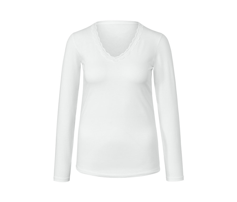 Biała podkoszulka z długim rękawem i koronkowym wykończeniem dekoltu w kształcie litery V.