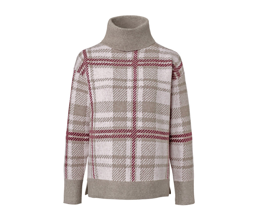 Beżowy sweter z dzianiny w kratę z golfem.