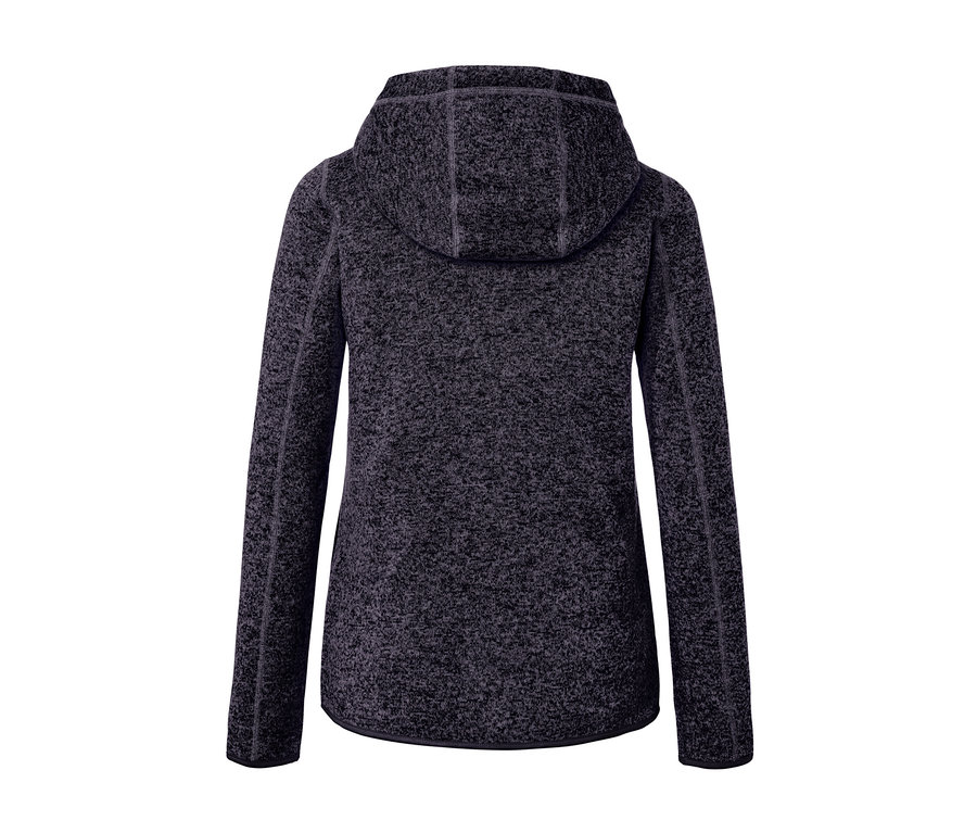 Widok z tyłu ciemnej melanżowej bluzy z kapturem z dzianiny polarowej.