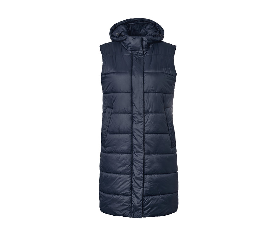 Długa, granatowa pikowana kamizelka z kapturem.