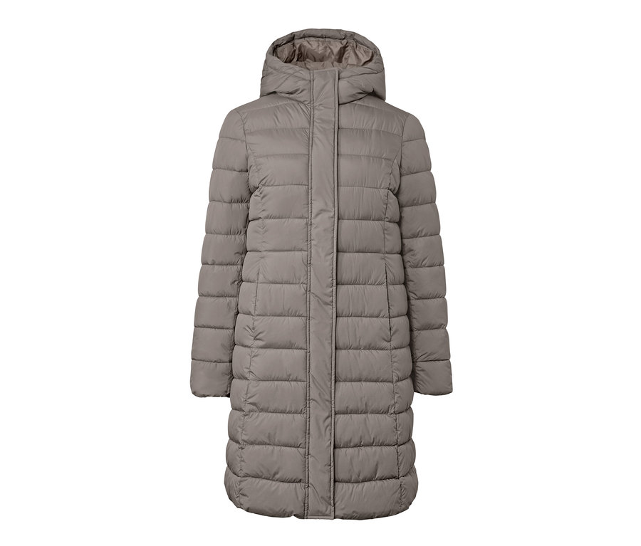 Szarobeżowy płaszcz pikowany z kapturem.