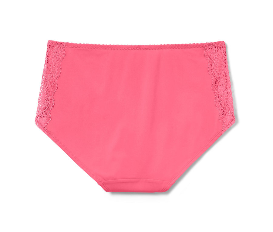 Różowe figi ze średnim stanem z koronką po bokach.